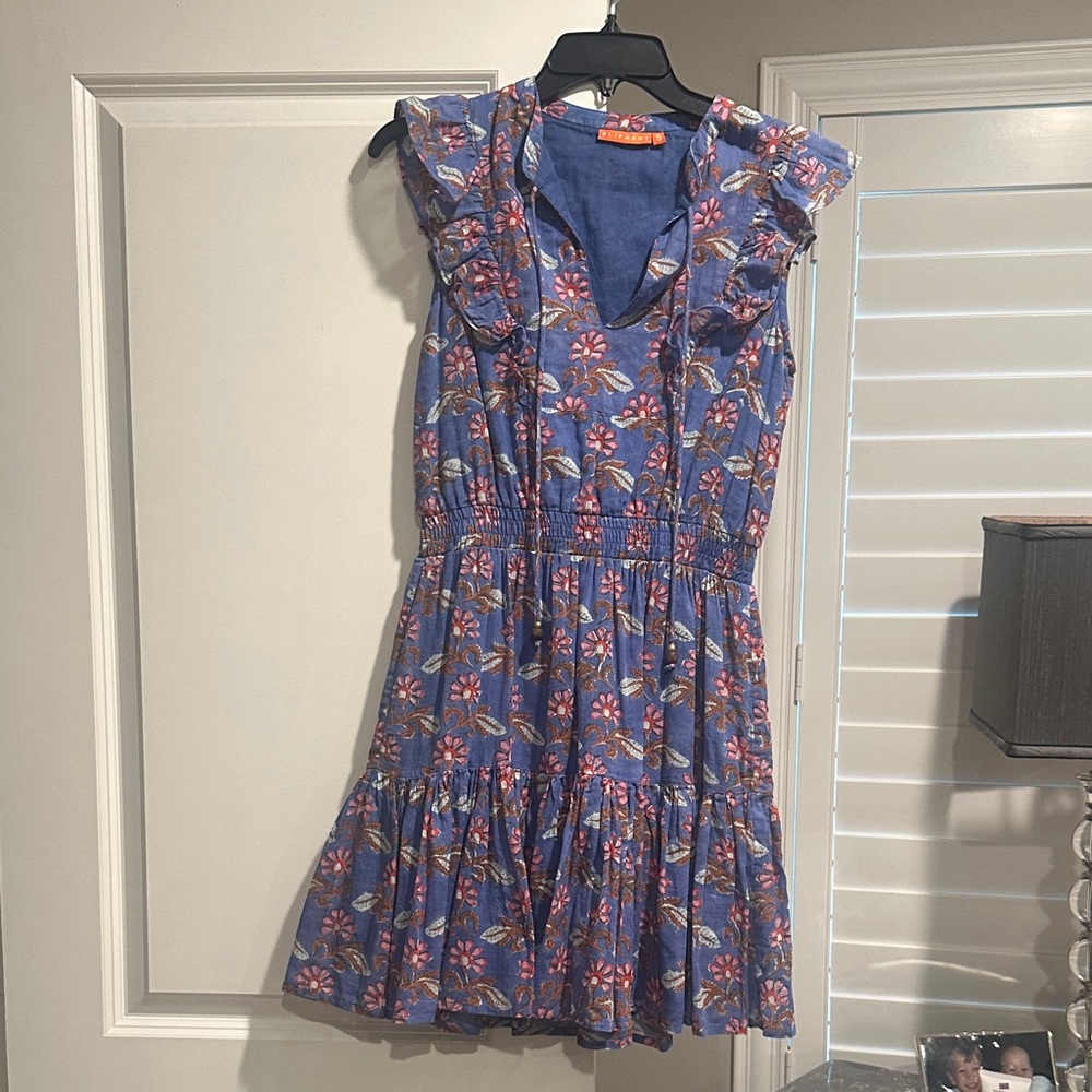 Oliphant Blue Floral Ruffle-Trim Dress